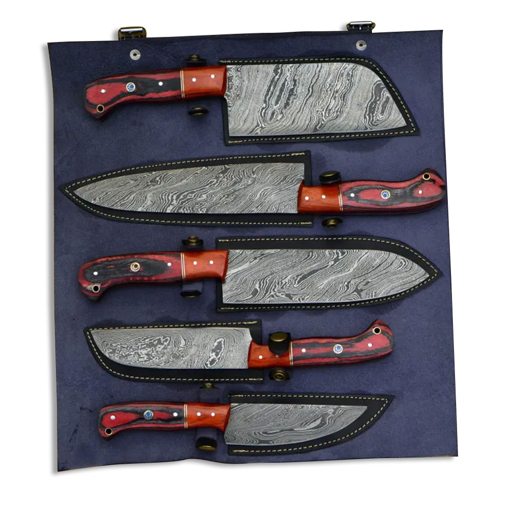 Custom Damascus Chef Knife Set With Leather Roll