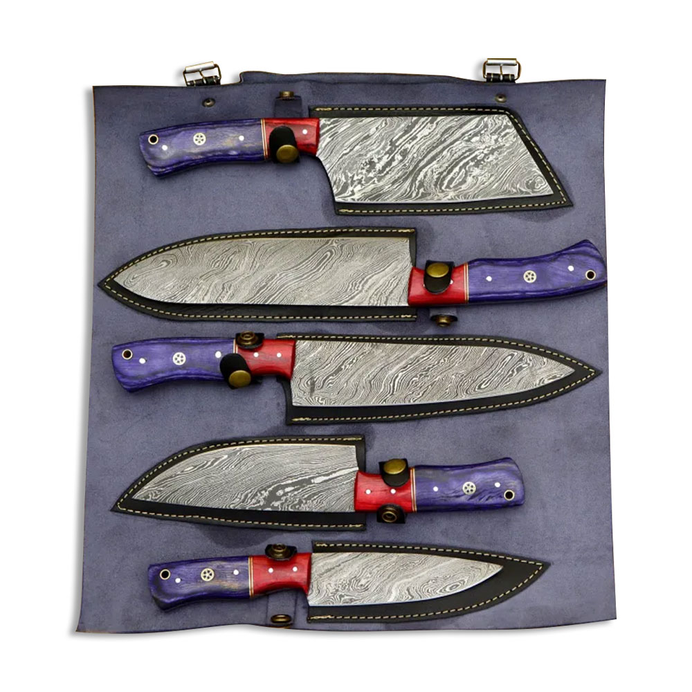 Custom Made Chef Knife Set In Damascus With Leather Roll