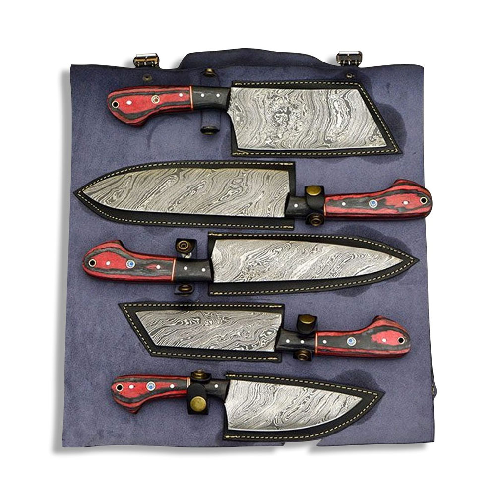 Custom Made Damascus Chef Knife Set With Leather Roll