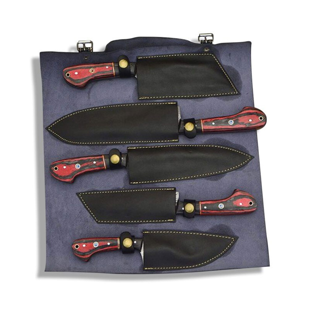 Custom Made Damascus Chef Knife Set With Leather Roll