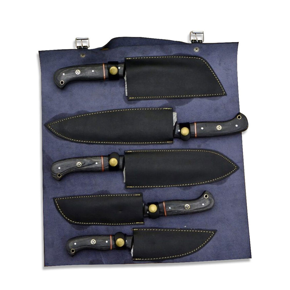 Damascus Chef Knife Set Hand Made With Leather Roll