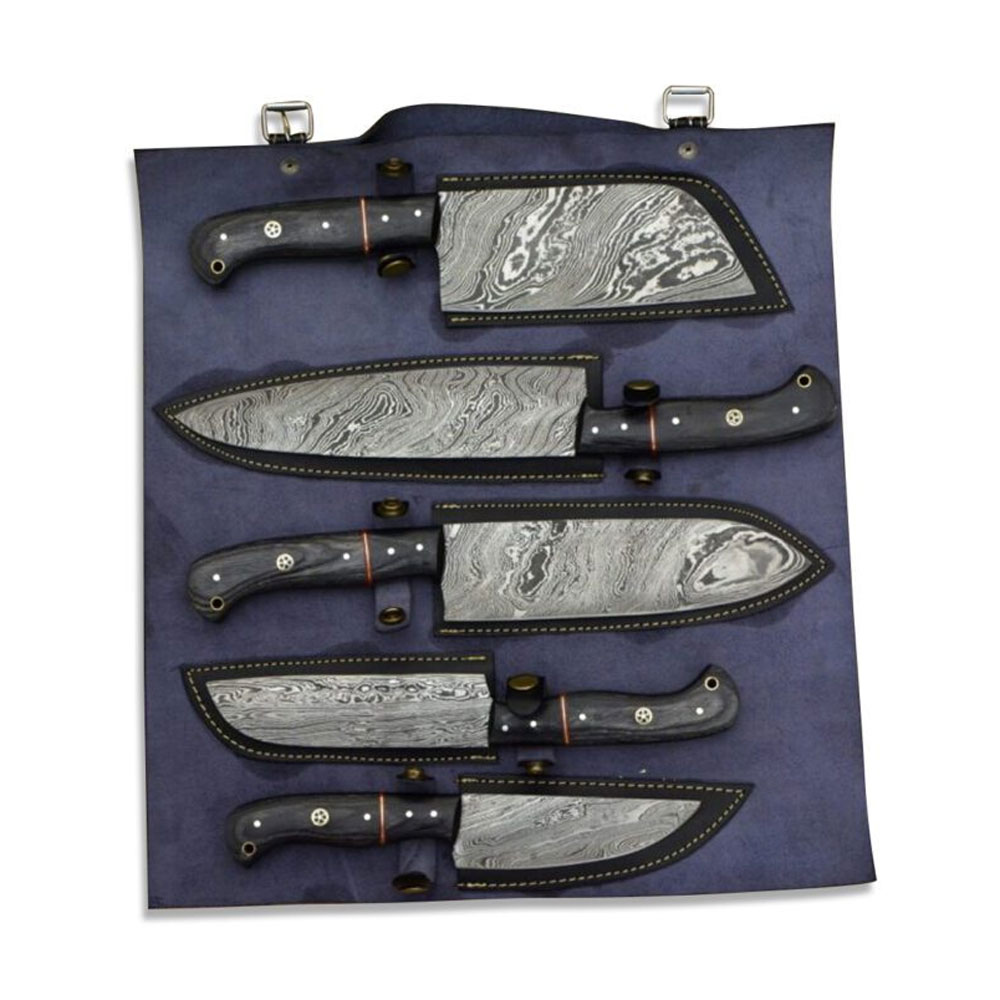 Damascus Chef Knife Set Hand Made With Leather Roll