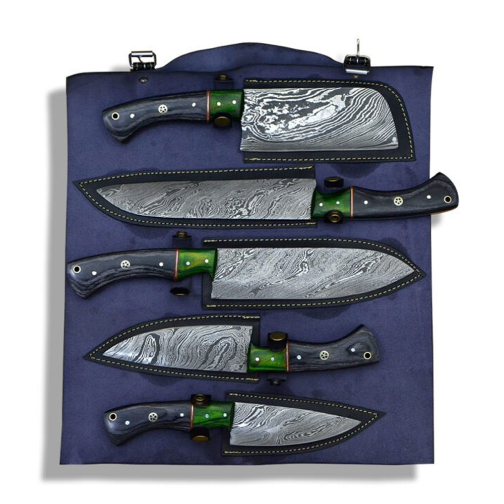 Damascus Chef Knife Set With Leather Roll