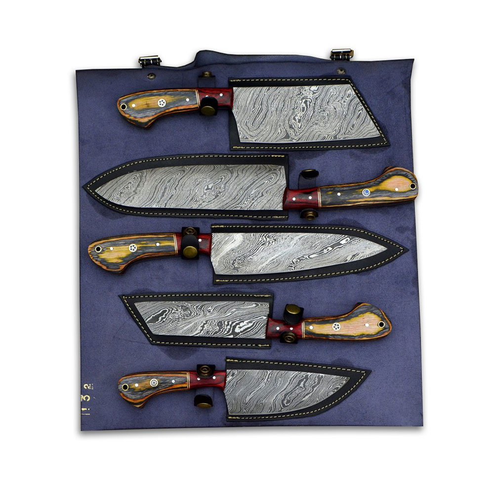 Damascus Custom Made Chef Knife Set With Leather Roll