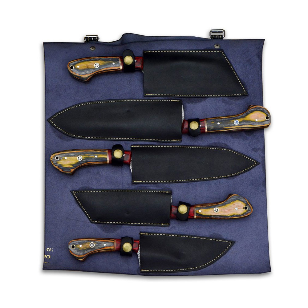 Damascus Custom Made Chef Knife Set With Leather Roll