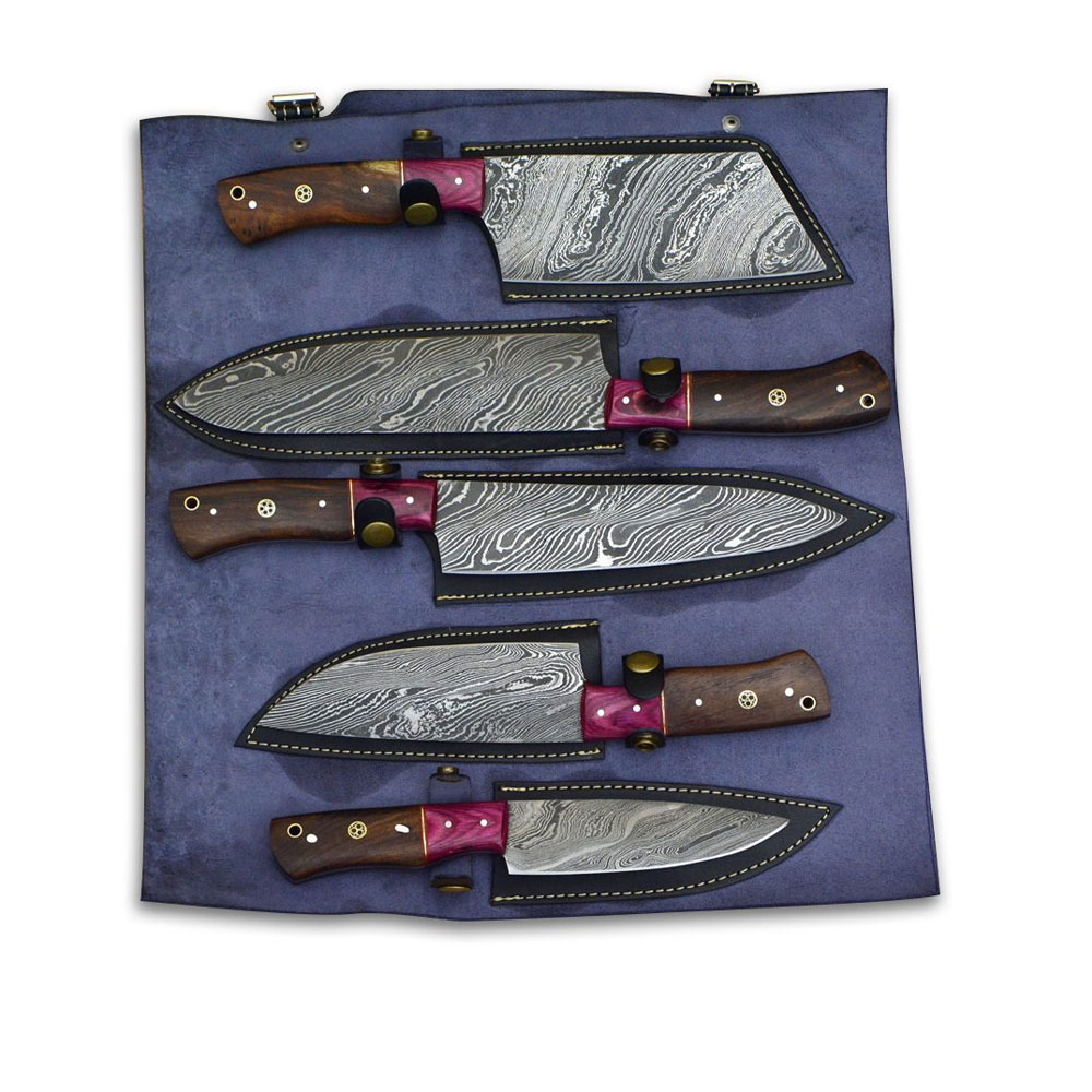 Damascus Hand Made Chef Knife Set With Leather Roll