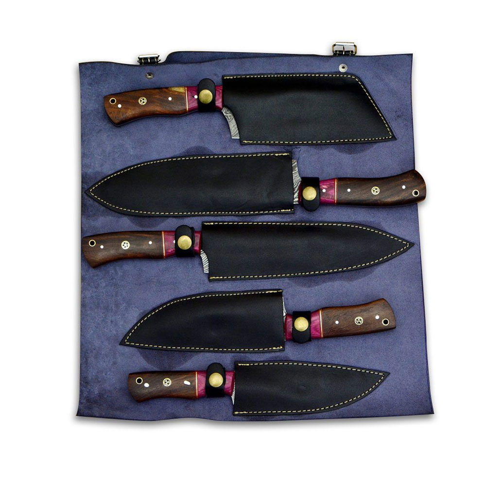 Damascus Hand Made Chef Knife Set With Leather Roll