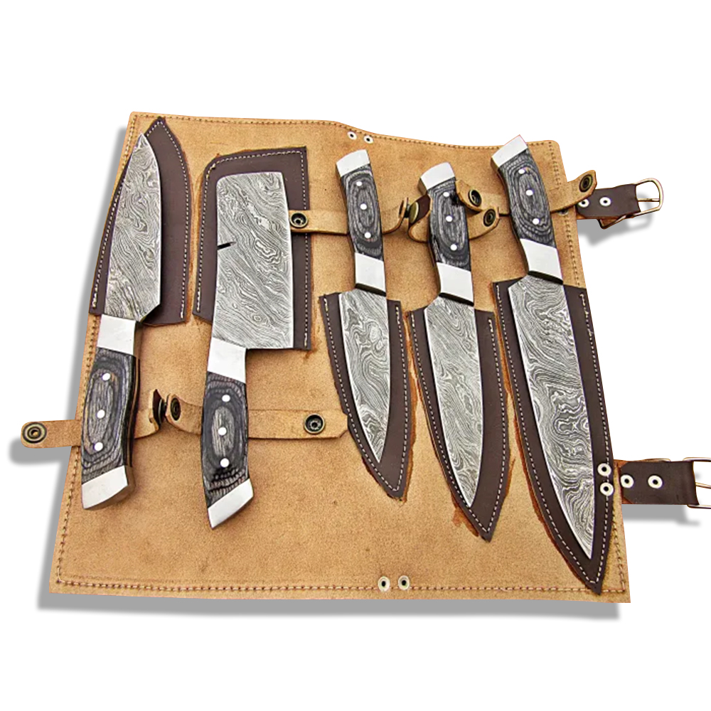 Damascus Steel Blade Chef Set Black Micarta Handle Steel Bolster 7-10 Inch