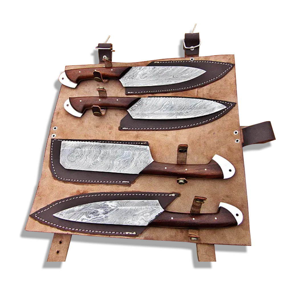 Damascus Steel Blade Chef Set Walnut Wood Handle,steel Bolster 9 Inch