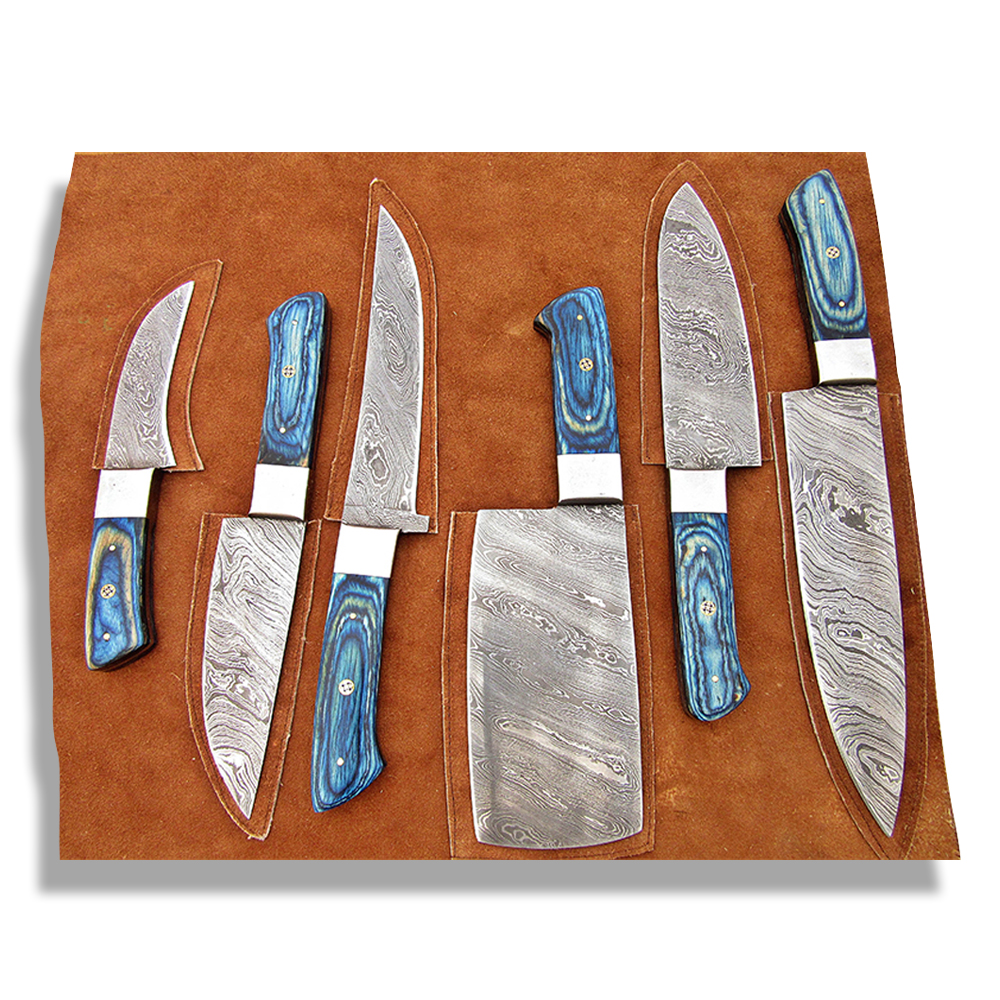 Damascus Steel Blade Chef Set Blue Micarta, Steel Bolster 6-12 Inch 