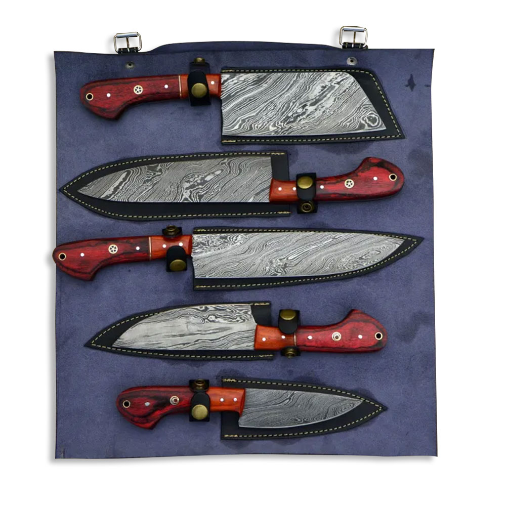 Damascus Steel Chef Knife Set With Leather Roll