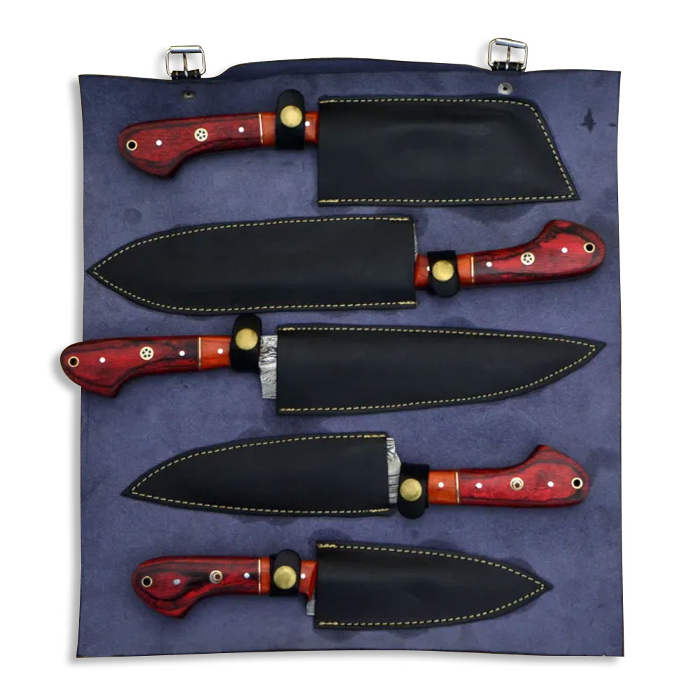 Damascus Steel Chef Knife Set With Leather Roll