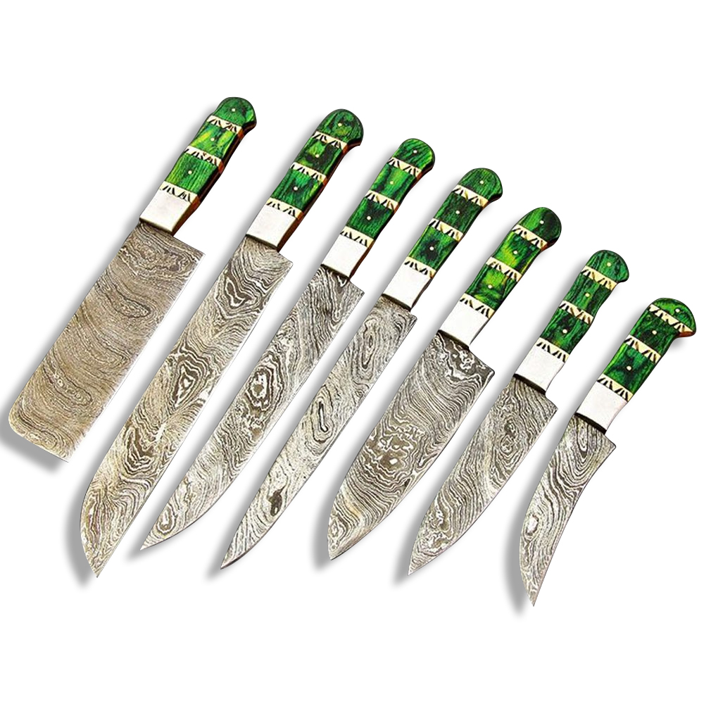 Damascus Steel Blade Chef Set Green Micarta, Handle, Bolster 7-14 Inch