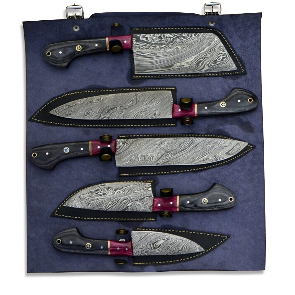 Hand Made Damascus Chef Knife Set With Leather Roll Set