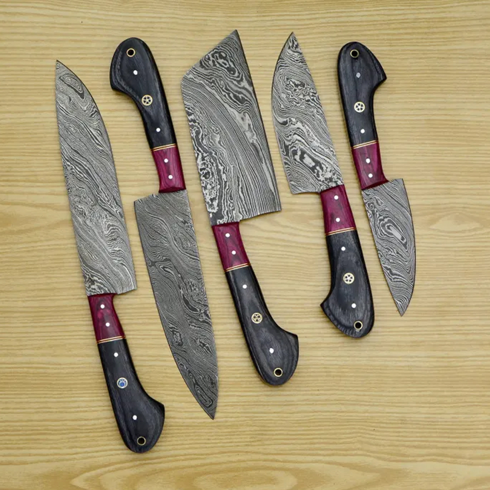 Hand Made Damascus Chef Knife Set With Leather Roll Set