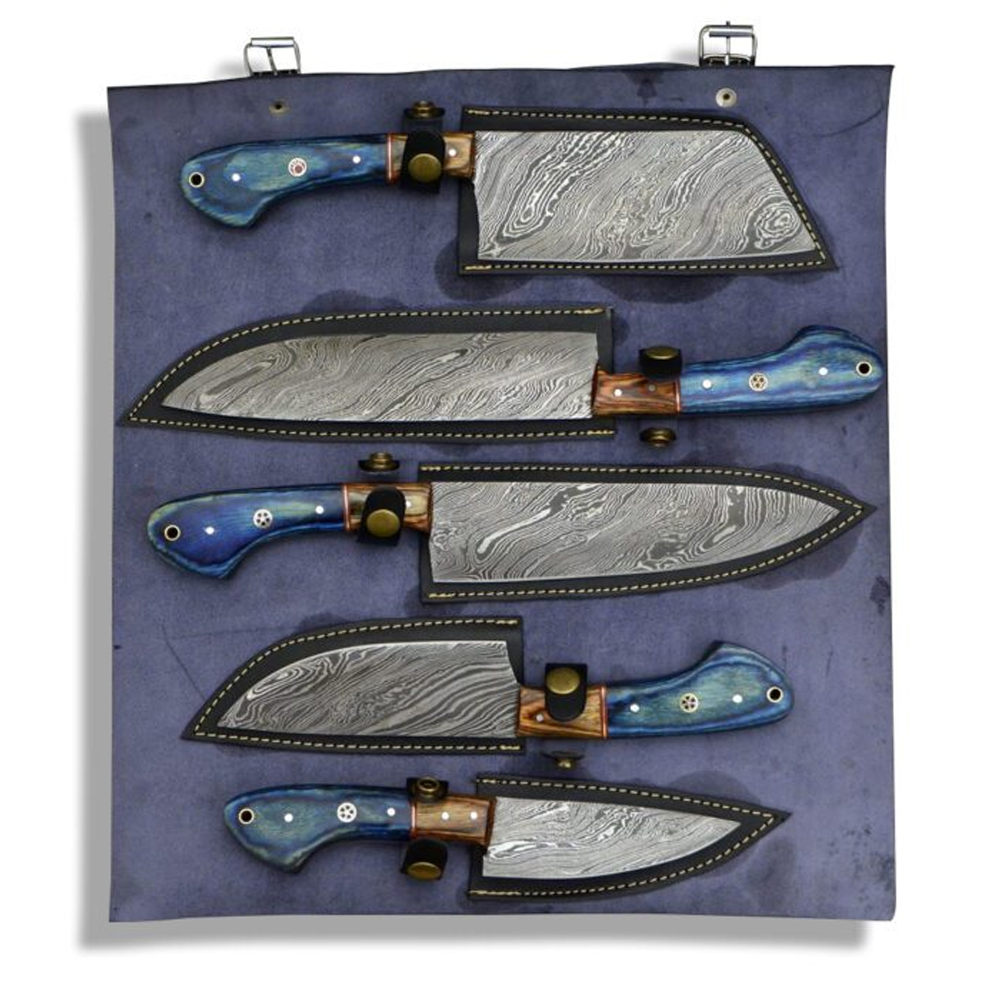 Handmade Damascus Chef Knife Set With Leather Roll