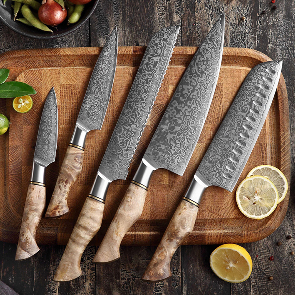 Set Of 5 Raindrop Damascus Chef Knives