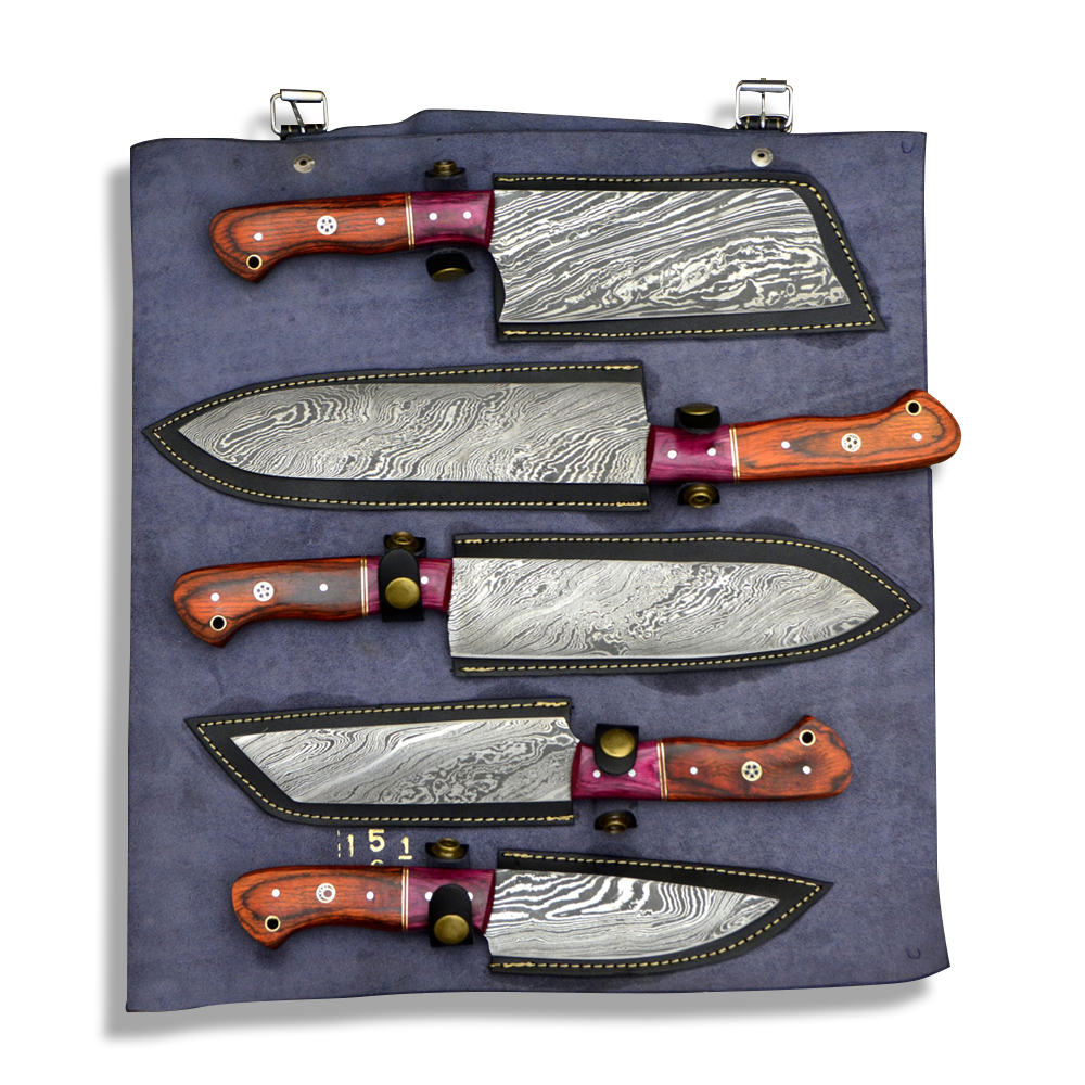 Set of 5 Damascus Chef Knife Set Leather Roll Set