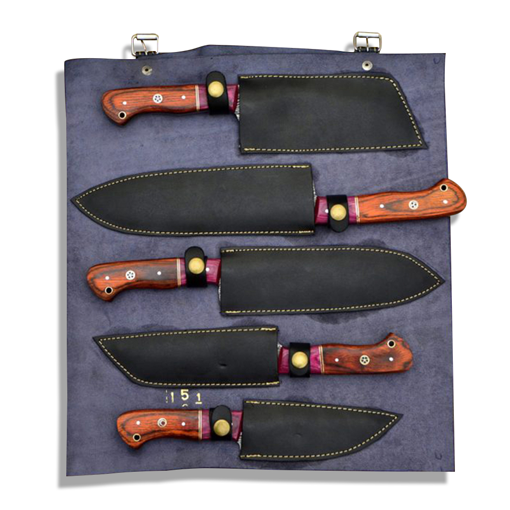 Set of 5 Damascus Chef Knife Set Leather Roll Set