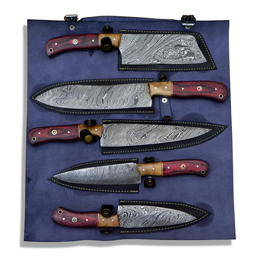 Set of Damascus Chef Knife Set With Leather Roll