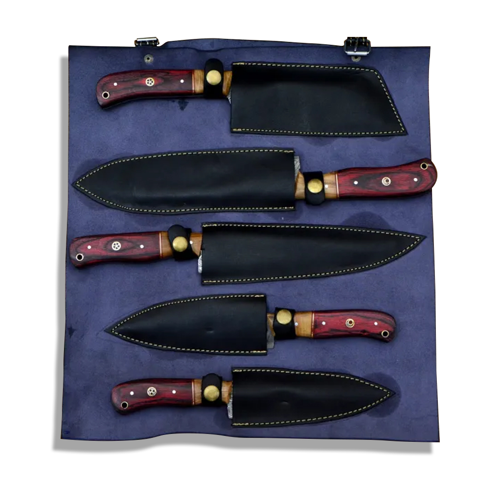 Set of Damascus Chef Knife Set With Leather Roll