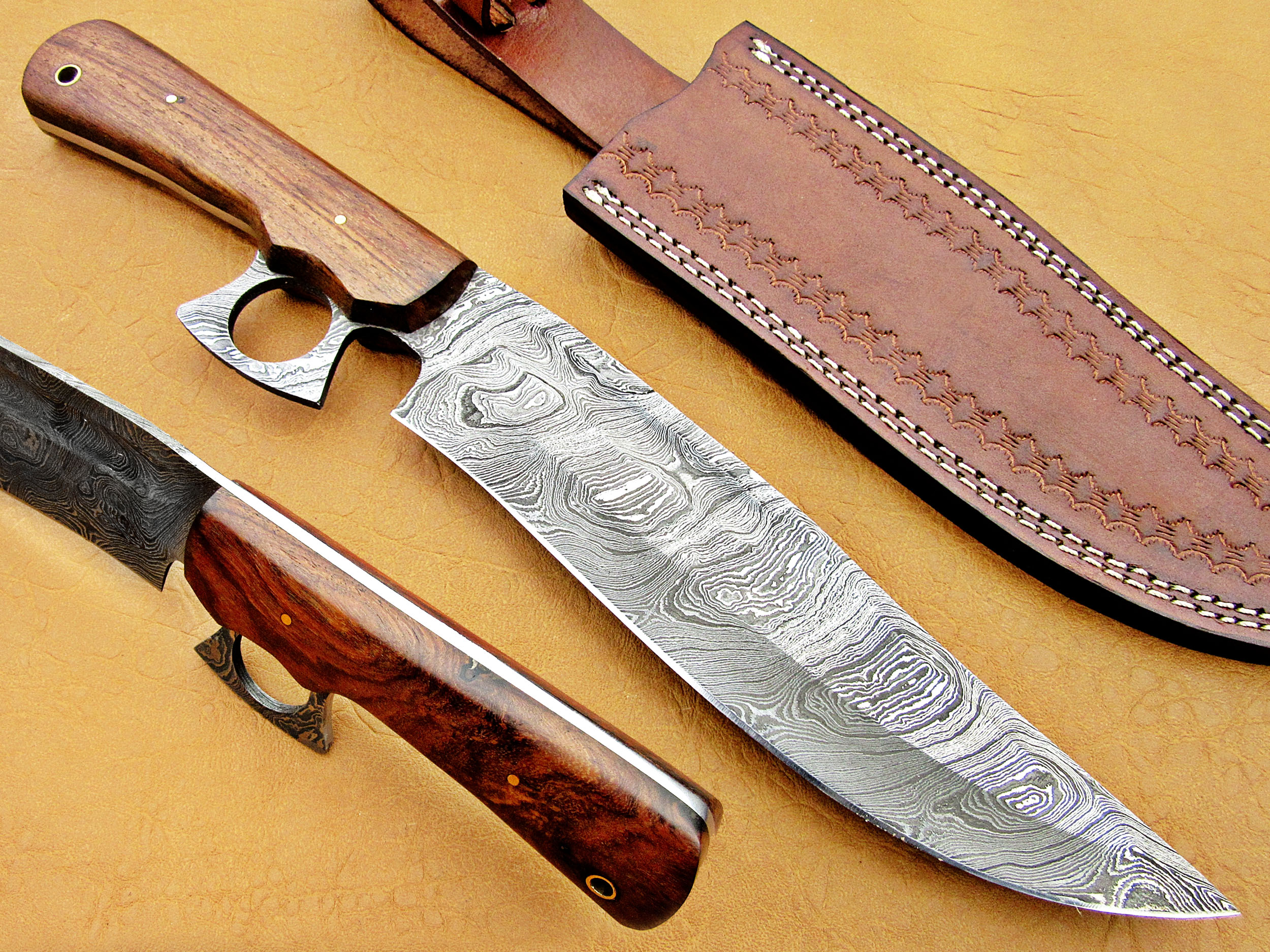 Damascus Steel Blade Bowie Knife Rose Wood Overall 12 Inch