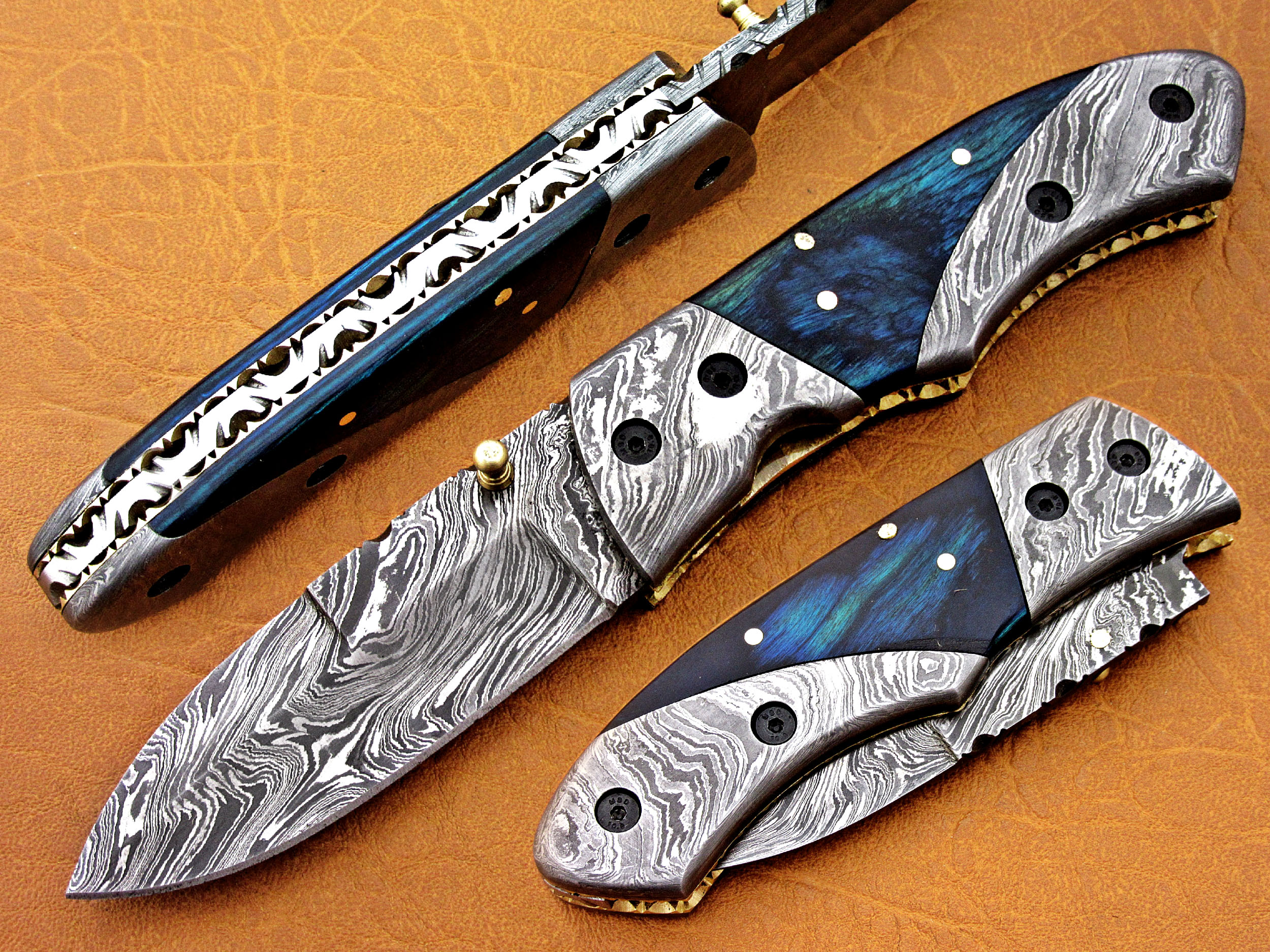 Damascus Steel Blade Folding Knife Blue Handle Overall 7.5 Inch