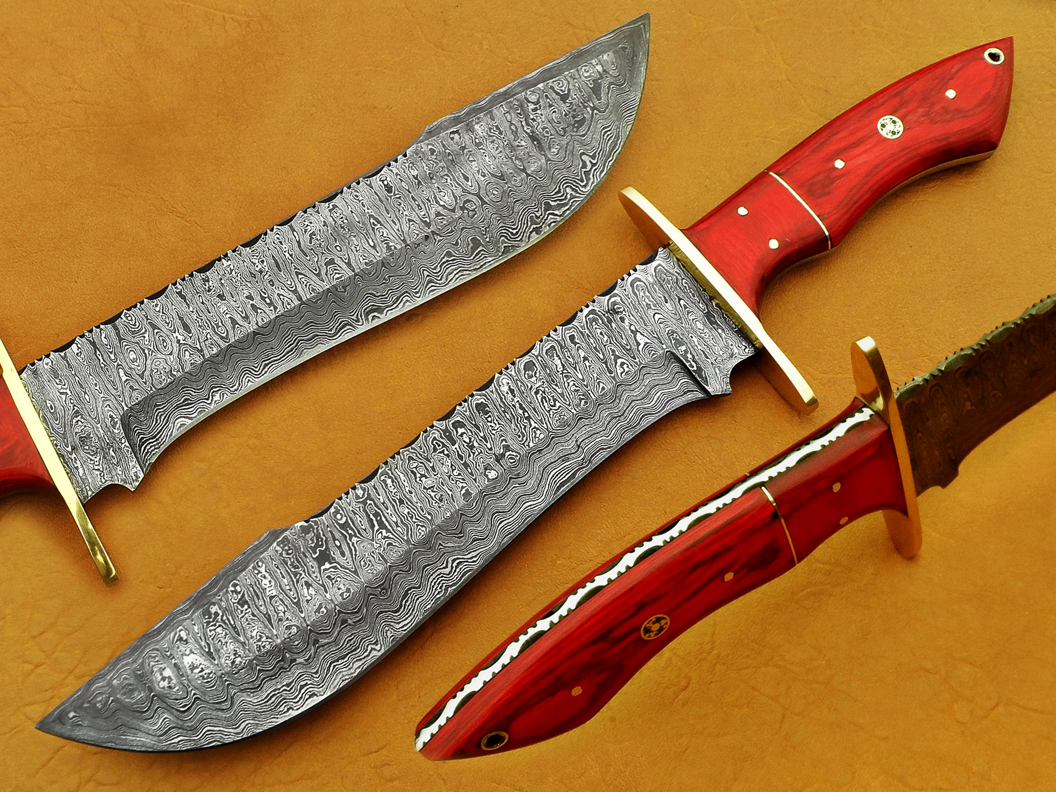 Damascus Steel Blade Bowie Knife Handle Red Rose Wood Overall 12 Inch