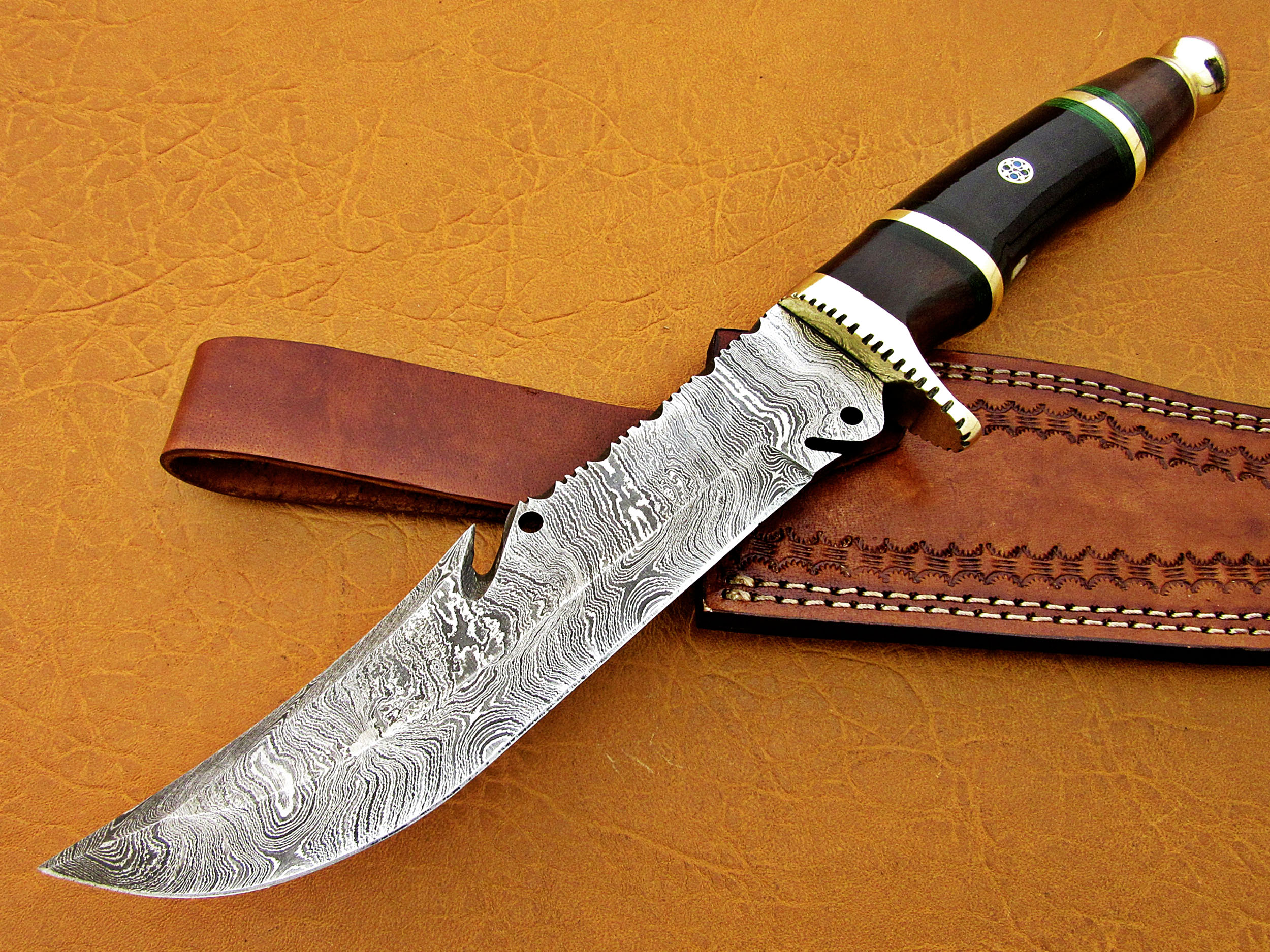 Damascus Steel Blade Bowie Olive Wood Buffalo Horn 12 Inch