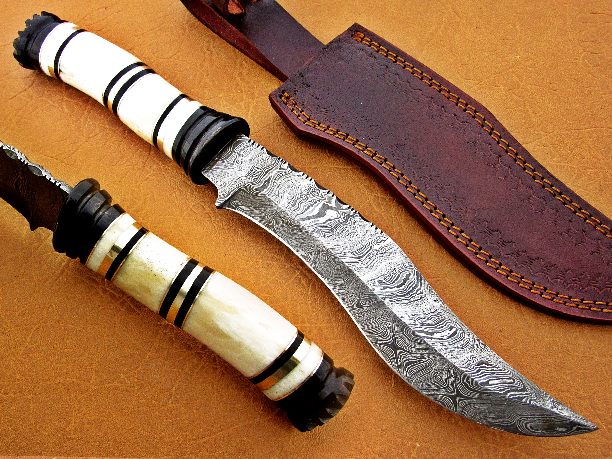 Damascus Steel Blade Bowie Knife Handle Camel Bone Overall 12 Inch