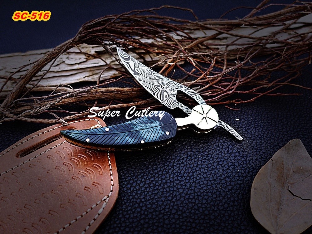 7.5 in Custom Handmade Damascus Folding Knife engraved Color Bone handle