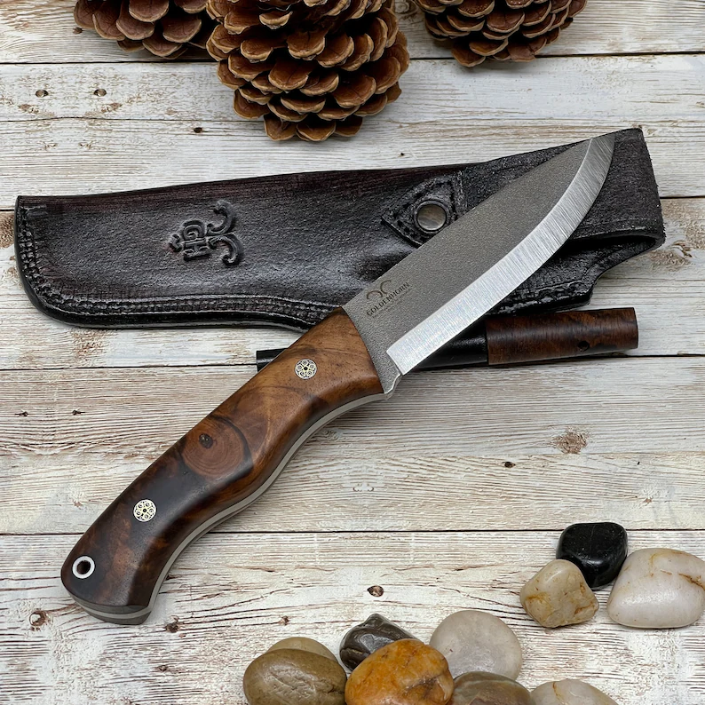 Camping Knife With Walnut Wood Handle N690 Bohler Steel Blade Mosaic Pins Leather Sheath with Magnesium Fire Starter