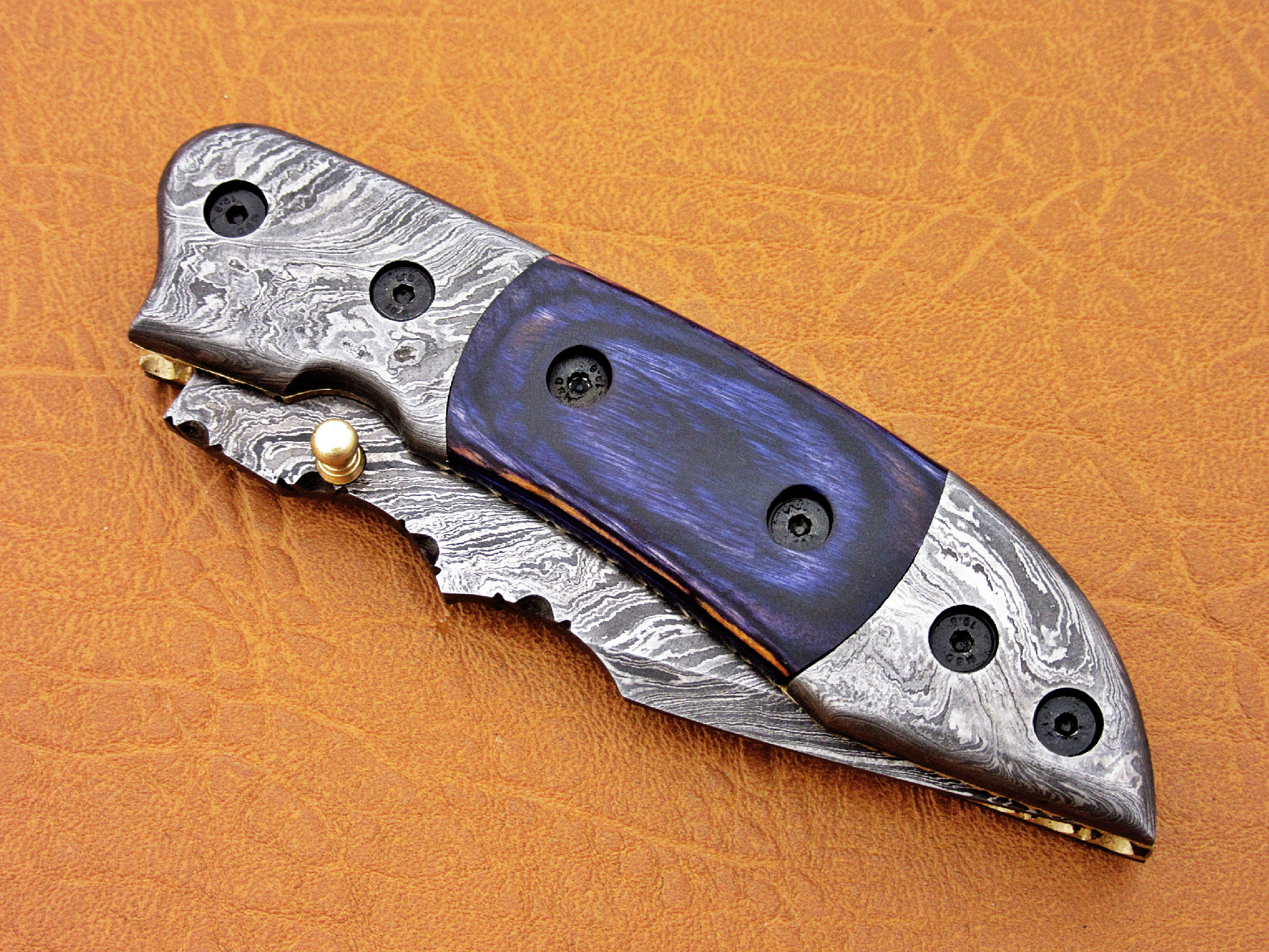 Damascus Folding Knife Blue Micarta