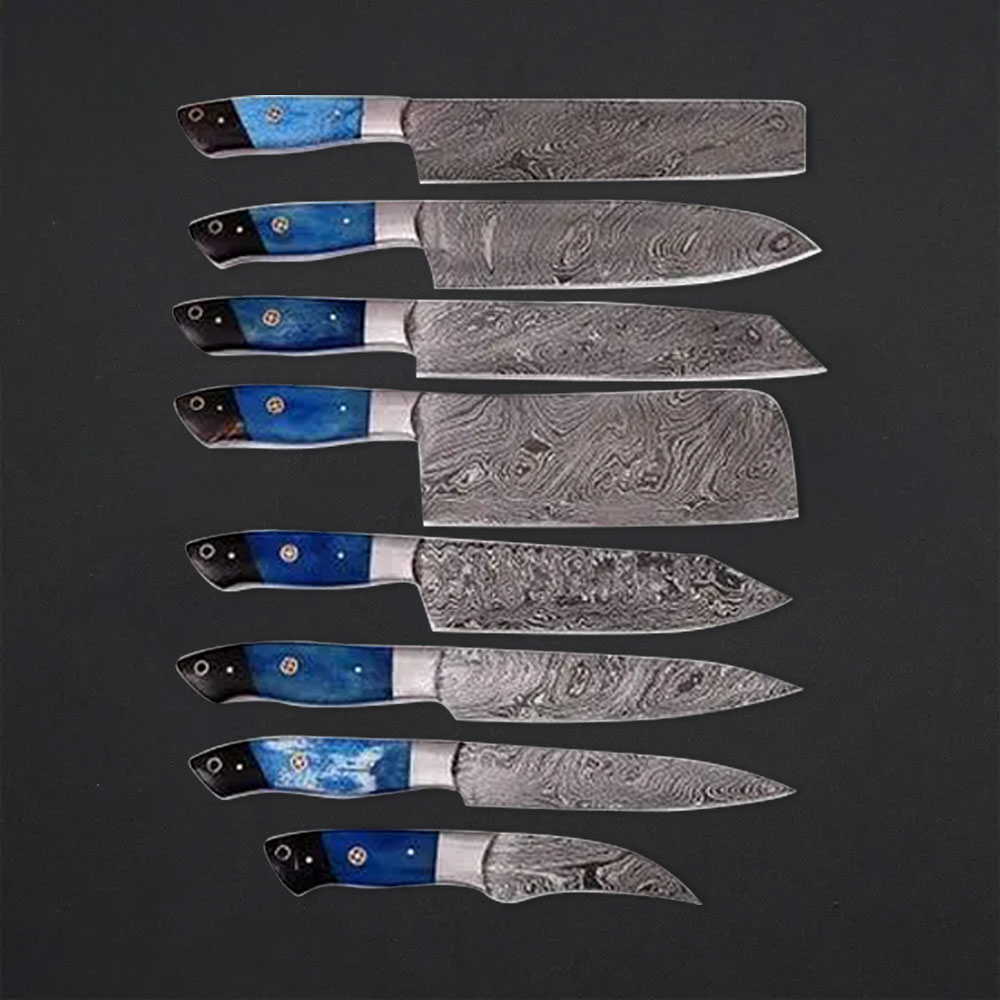 Damascus Steel Chef Knives Set With Colored Bone & Bull Horn Handle