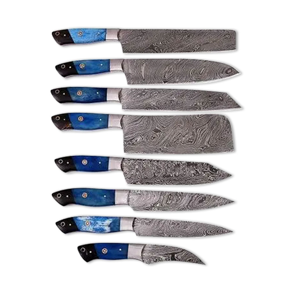 Damascus Steel Chef Knives Set With Colored Bone & Bull Horn Handle