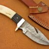 Damascus Steel Blade Gut Hook Handle Buffalo Horn Camel Bone 7 Inch