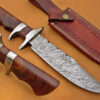 Damascus Steel Blade Bowie Handle Material Rose Wood 12 Inch