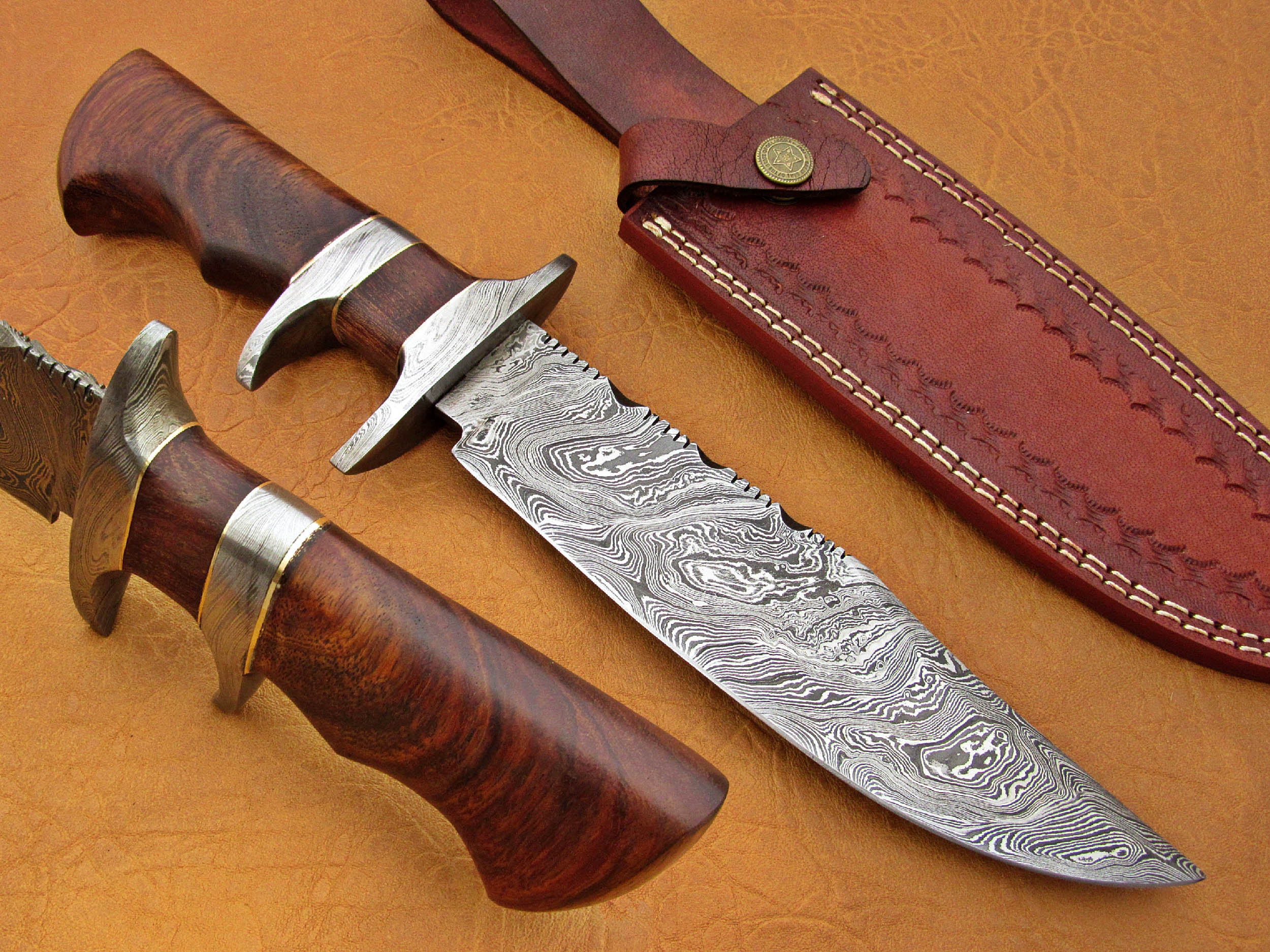 Damascus Steel Blade Bowie Handle Material Rose Wood 12 Inch