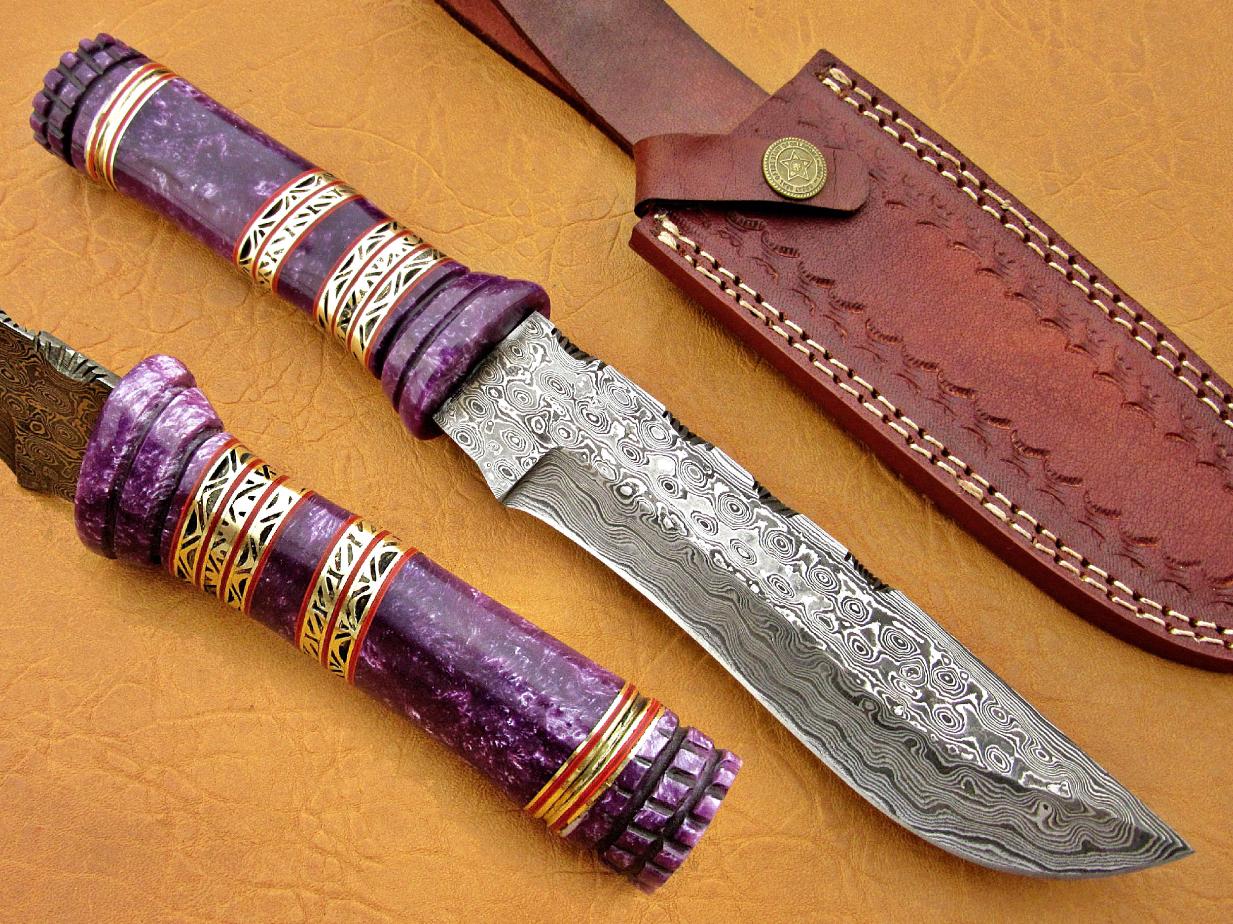 Damascus Steel Blade Bowie Knife Handle Purple Bone Overall 12 Inch