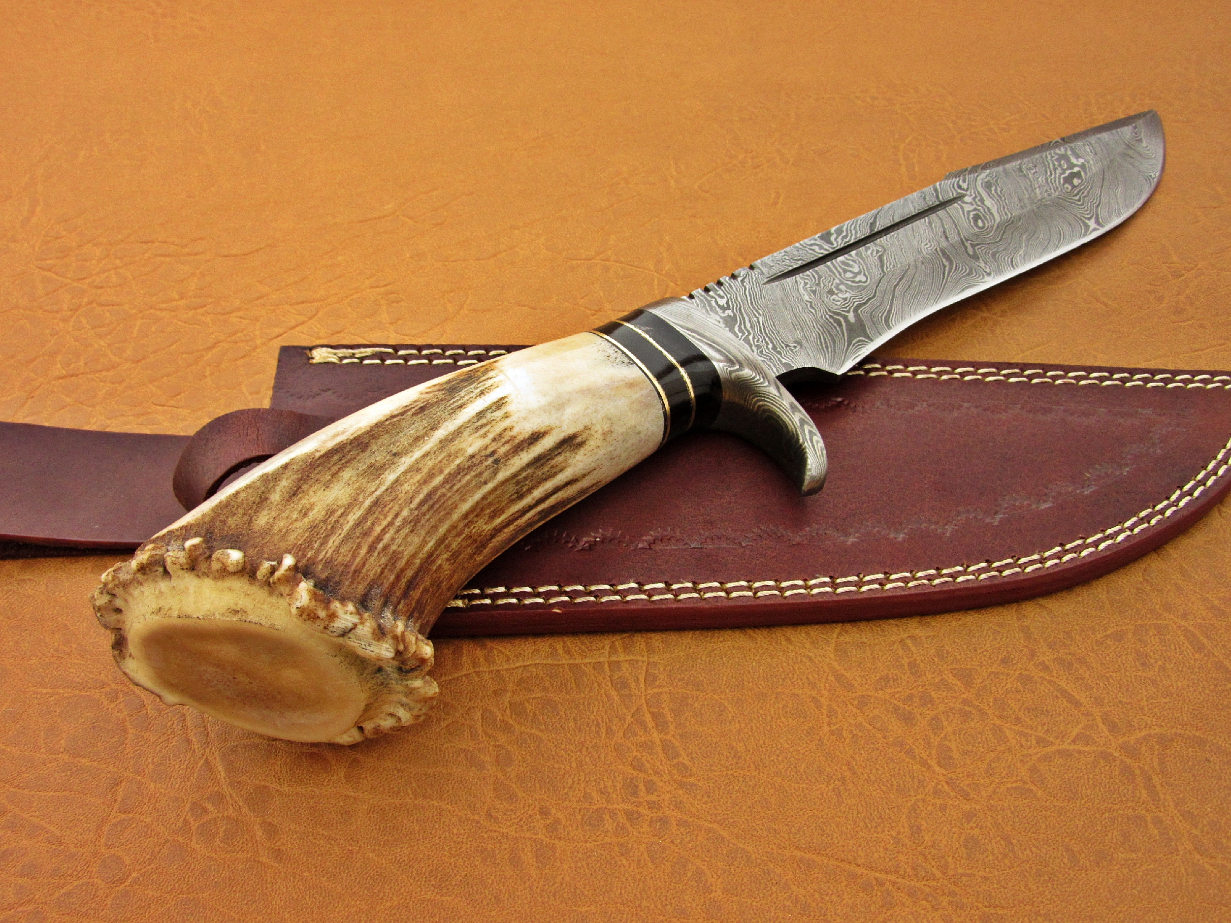 Damascus Steel Blade Bowie Deer Antler Bolster Overall 13 Inch