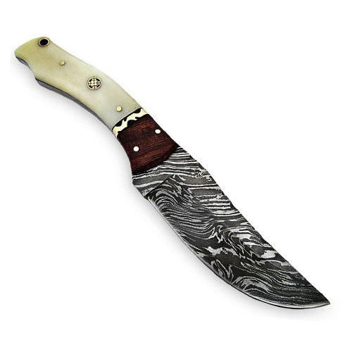 White-Deer-Executive-Strait-Back-Damascus-Steel-Knife-Bison-Bone-&-Hardwood-Handle