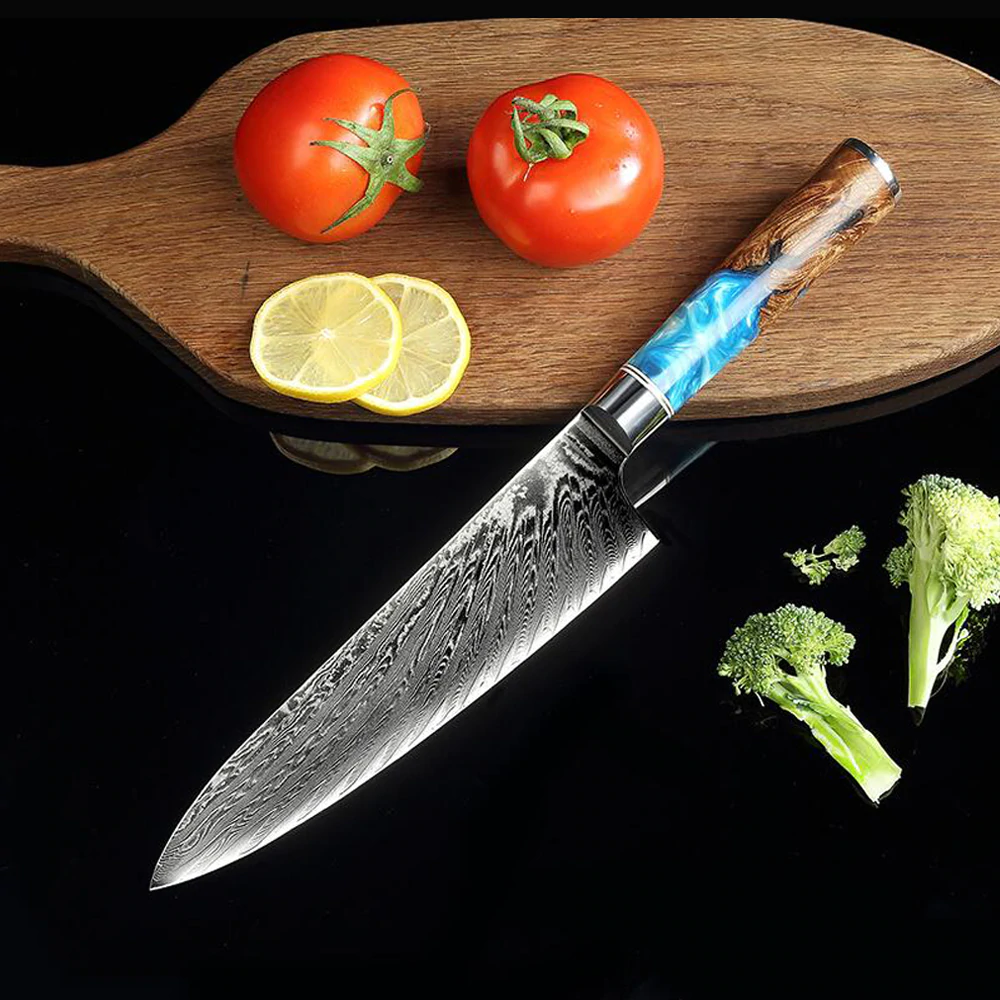 Damascus Steel 8” Chef Knife With Blue Resin Handle