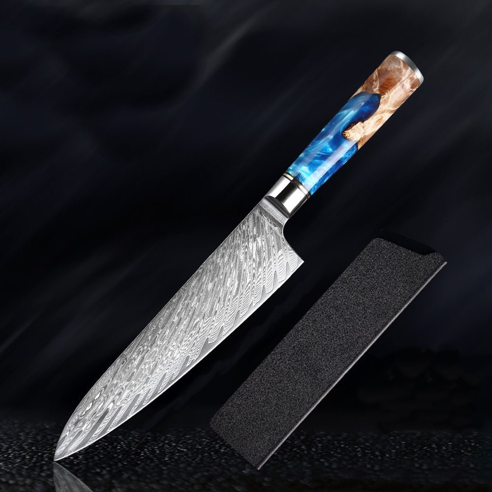 Damascus Steel 8” Chef Knife With Blue Resin Handle