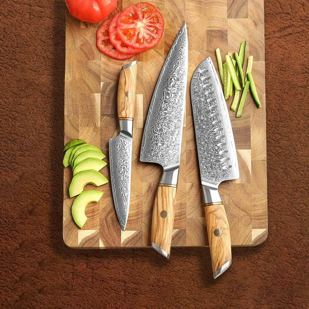 3PCS Damascus Steel 73 Layers Raindrop Knife Set With Pakka Wood Handle