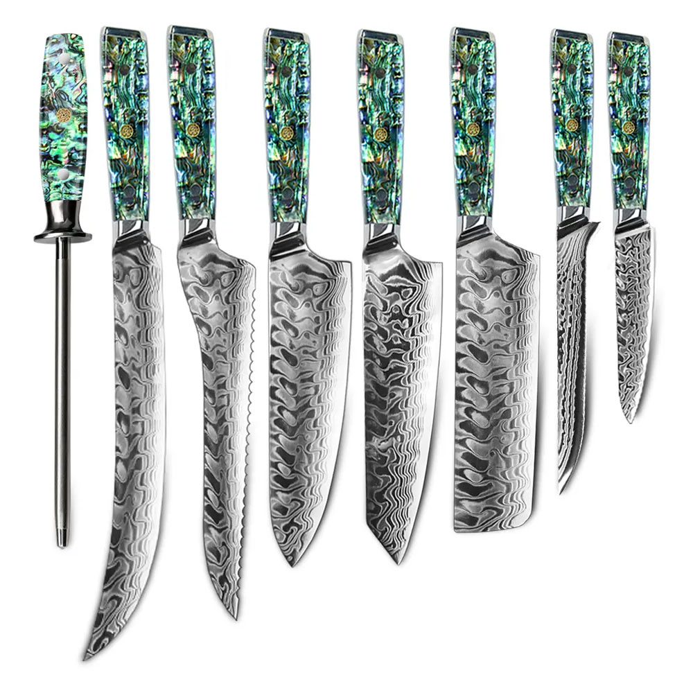 9 piece Damascus Stainless Steel 45 Layers Kitchen Knives Set with abalone handle