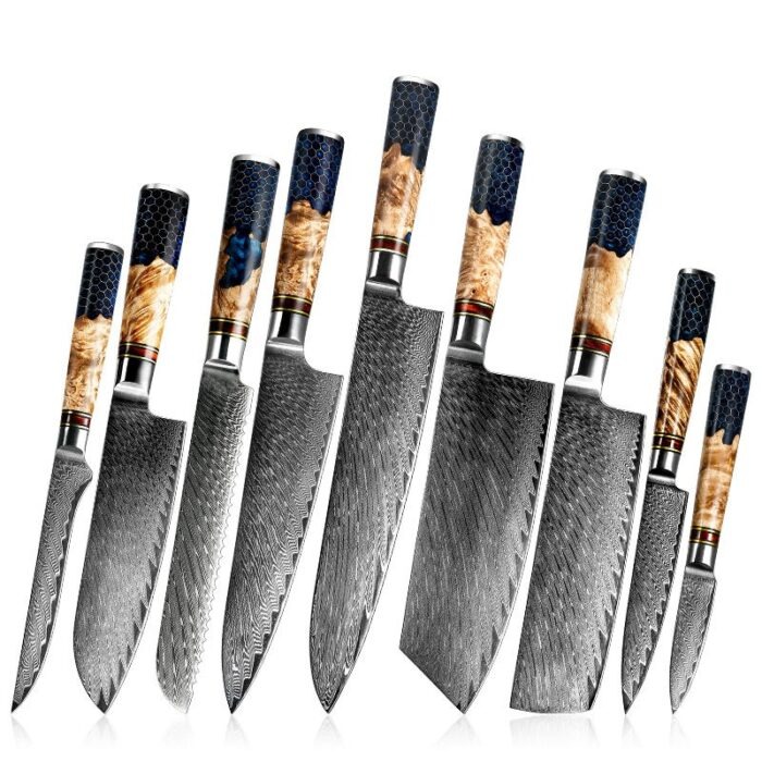 9 PCS Set 67-Layer Damascus Steel Solidified Wood