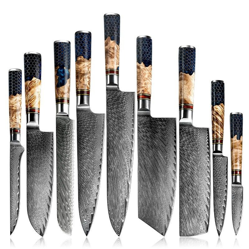 9 PCS Set 67-Layer Damascus Steel Solidified Wood