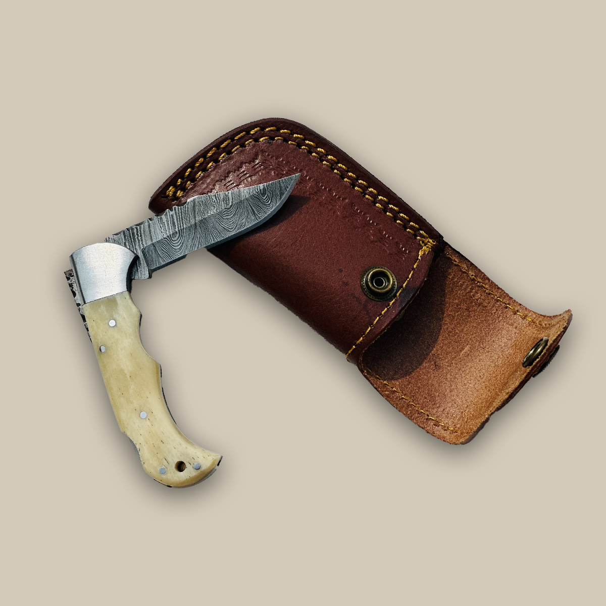 Bone & Damascus Lockback Folding Knife