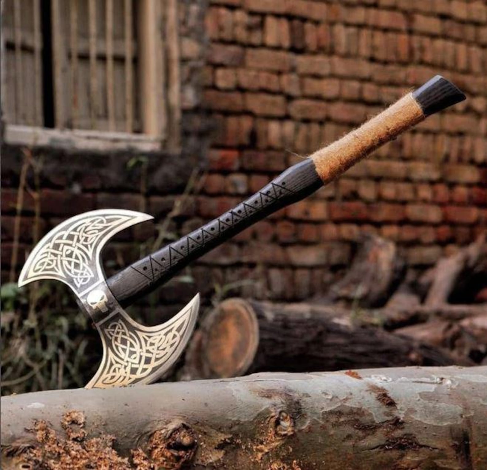 Double Headed Viking Axe – Hand Forged Steel Bearded Axe with Engraved Blade – Norse Axe Gift for Him – Viking Decor, Battle Axe, Christmas Gift