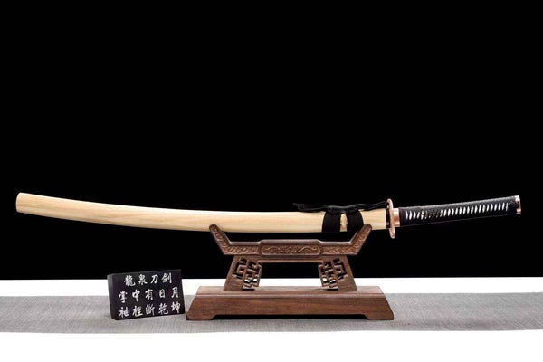 "Shiroi Ki Katana 白い木 — handcrafted Japanese samurai sword with white wood saya, razor-sharp T10 carbon steel blade, and traditional tsuka wrapping"
